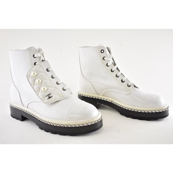 Chanel 18K White Pearl CC Chain Around Combat Lace Up Tie Ankle Short Boots 37 - Picture 3 of 15